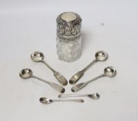 Four silver mustard ladles, including two 19th century, two plated ladles and an Edwardian silver