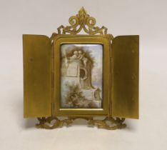 A French Palais Royale easel enamel plaque, Fontaine de L'amitie, retailed by Rodrigues of