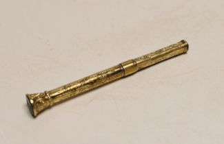 A late Victorian engraved yellow metal overlaid propelling pen and pencil, with bloodstone set