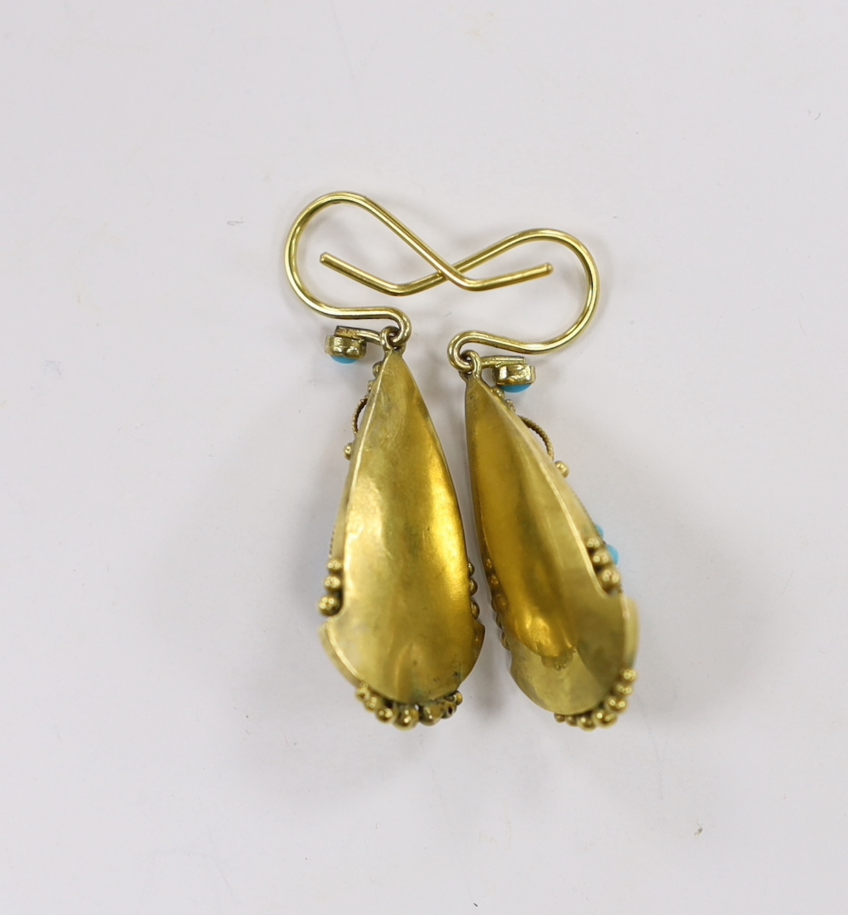 A pair of Victorian yellow metal and turquoise cluster set pear shaped drop earrings, 26mm, gross - Image 2 of 2