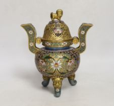 A Chinese cloisonné enamel tripod censer and cover, 22cm high including cover