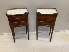 A pair of French brass mounted marble topped mahogany three drawer bedside chests, width 39cm, depth
