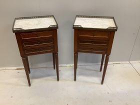 A pair of French brass mounted marble topped mahogany three drawer bedside chests, width 39cm, depth