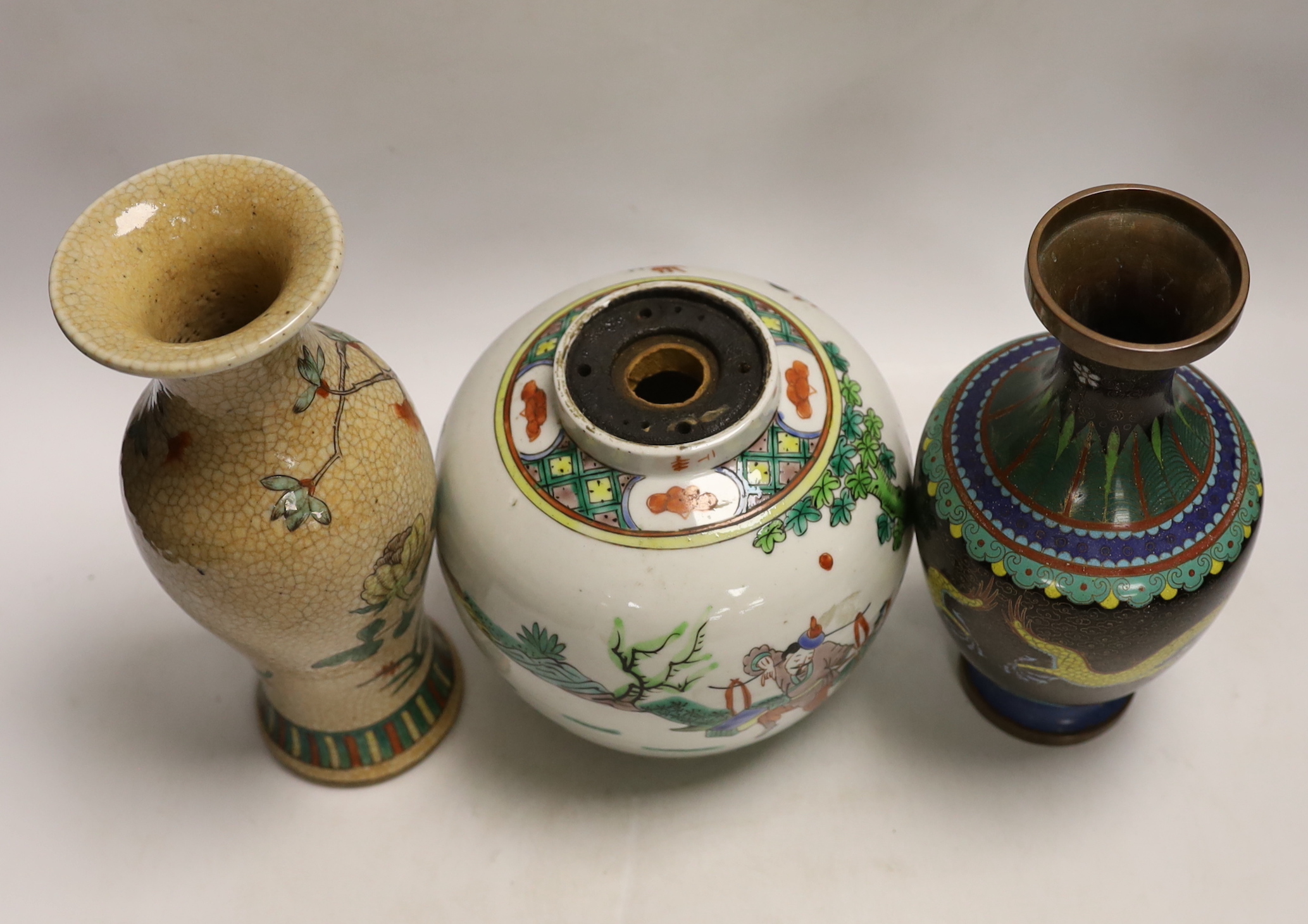A Chinese famille verte crackle glaze vase, a jar, a cloisonné enamel dragon vase, another enamelled - Image 8 of 9