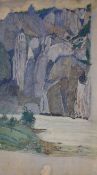 Early 20th Century English School, pencil and watercolour, A river gorge, monogrammed and dated