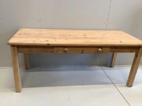 A Victorian style rectangular pine kitchen table, fitted drawer, length 182cm