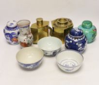Chinese items including a brass tea caddy and kettle, blue and white porcelain bowls and a
