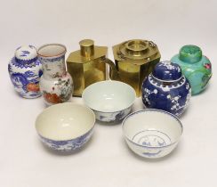 Chinese items including a brass tea caddy and kettle, blue and white porcelain bowls and a