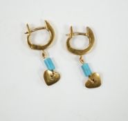 A modern pair of 18ct gold and turquoise? set heart drop earrings, drop 13mm, gross weight 4.2