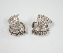 A pair of white metal, round and baguette cut diamond cluster set fan shaped earrings, 20mm, gross