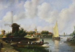 S.L.Verveer, oil on board, River landscape with windmills and figures in boats, signed and dated '