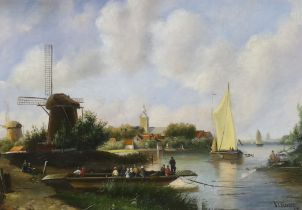 S.L.Verveer, oil on board, River landscape with windmills and figures in boats, signed and dated '