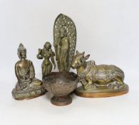 Four bronze deities and a Chinese copper pedestal bowl, tallest 29cm