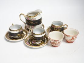 Two Japanese Kutani tea bowls, 19th century and a Japanese egg shell part tea set