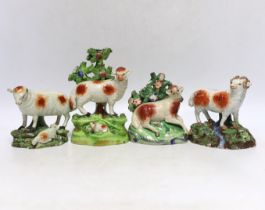 Four Staffordshire pearlware figures of sheep, c.1820-30, one with rare initials ‘PW’ to its back,
