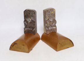 A pair of Chinese soapstone bookends, each 15cm wide