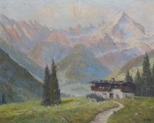 J Lobis (1875-1905) oil on board, Alpine landscape in summer, signed, 40 x 50cm