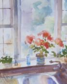 Jane Camp, watercolour, Pelargoniums on a window sill, signed, 32 x 26cm
