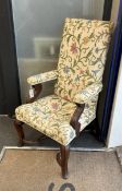 William & Mary style walnut elbow chair with crewel work upholstery on cabriole front legs with
