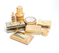 A mixed collection of small treen items and boxes to include a miniature dominos set, a Tunbridge