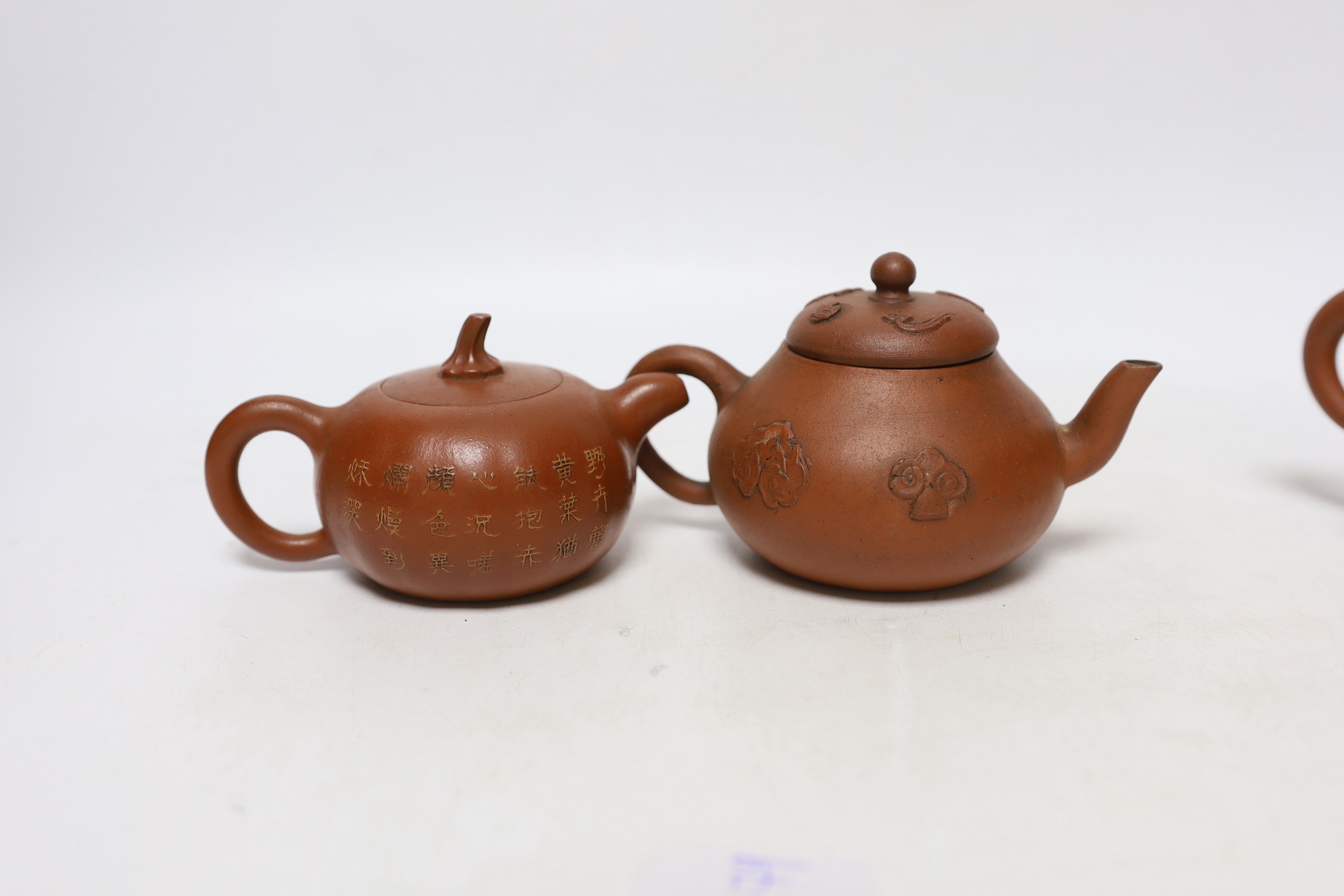 Four Chinese Yixing teapots, one slip decorated with a landscape, tallest 10.5cm Provenance- from - Image 2 of 8