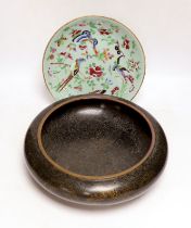 A Chinese famille rose plate and a cloisonné enamel bowl,bowl 30cm diameter