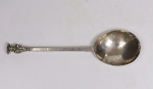 An antique white metal apostle spoon, with 'X' stamp to the bowl below a maker's mark?, the bowl