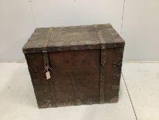 A Victorian iron bound oak silver chest, the brass plaque engraved E.S. Wills, width 83cm, depth