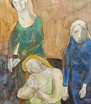 Continental School, oil on canvas, Study of three figures, indistinctly signed, 69 x 59cm, unframed