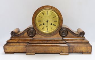 A 19th century burr walnut drum head mantel clock striking on a bell 52cm wide