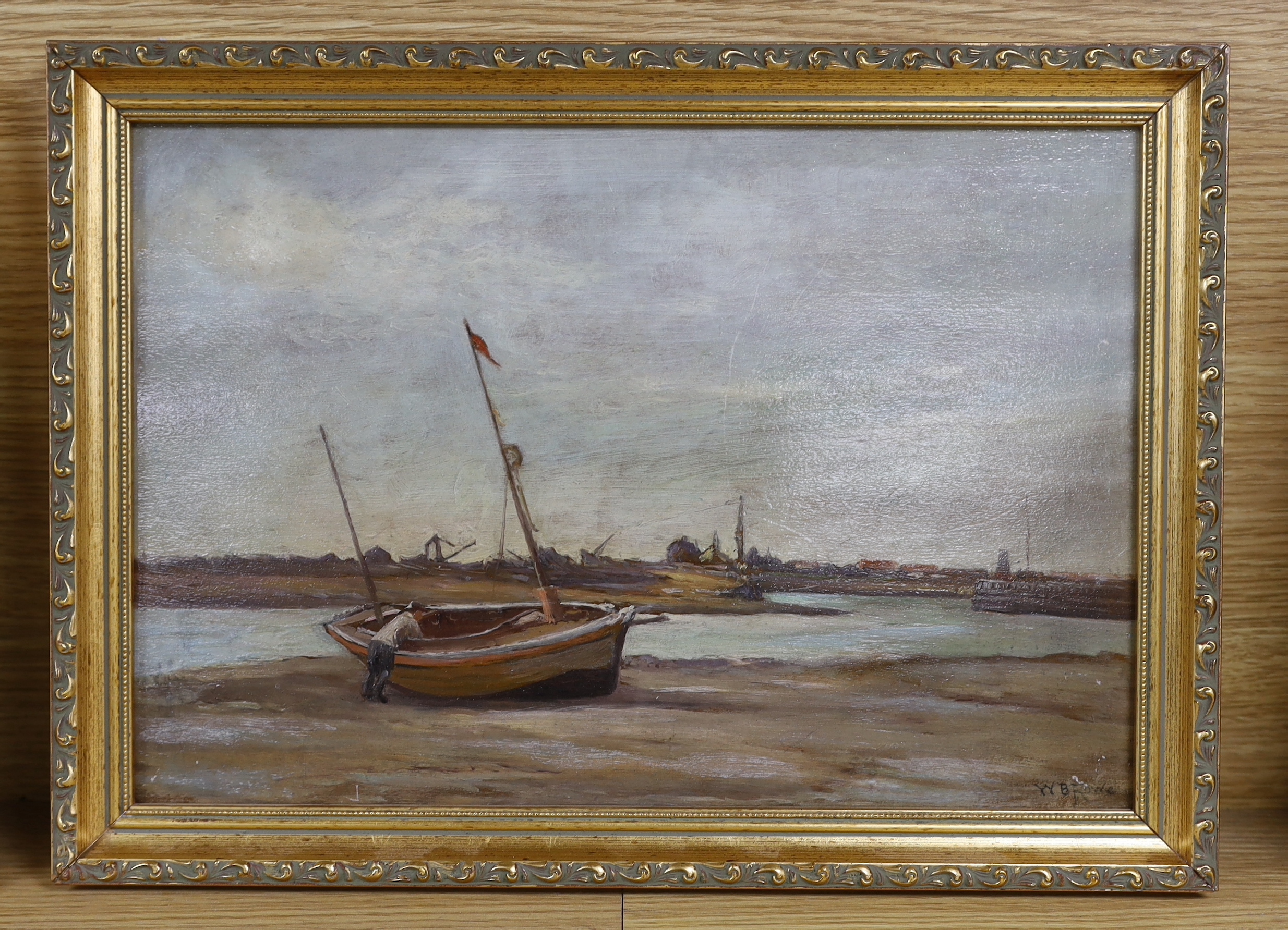 W B Rowe (1910-1955) oil on board, River Adur with beached fishing boats, signed, 24 x 34cm - Image 2 of 3