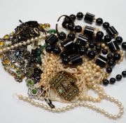 Assorted costume jewellery including a Christian Dior white and green paste necklace.