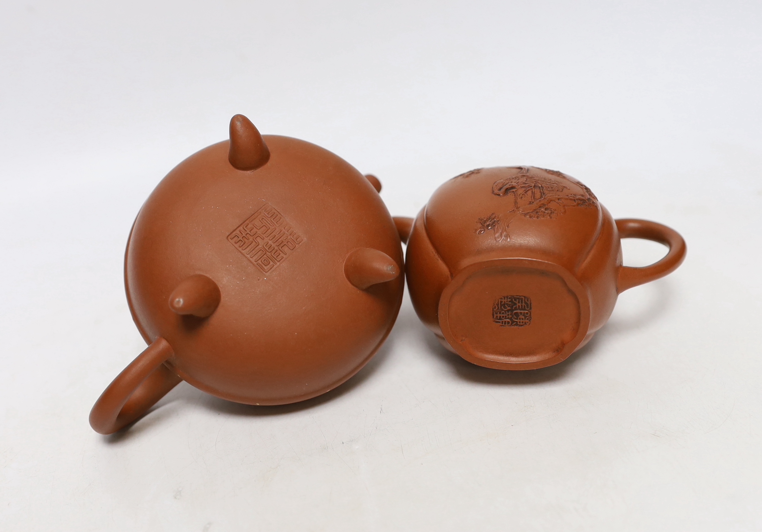 Four Chinese Yixing teapots, one slip decorated with a landscape, tallest 10.5cm Provenance- from - Image 8 of 8