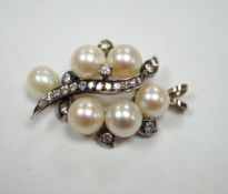 A yellow and white metal, cultured pearl and diamond cluster set spray pendant, 33mm, gross weight