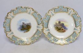 A pair of Minton porcelain dishes, with painted central cartouches of Windsor and Bramborough