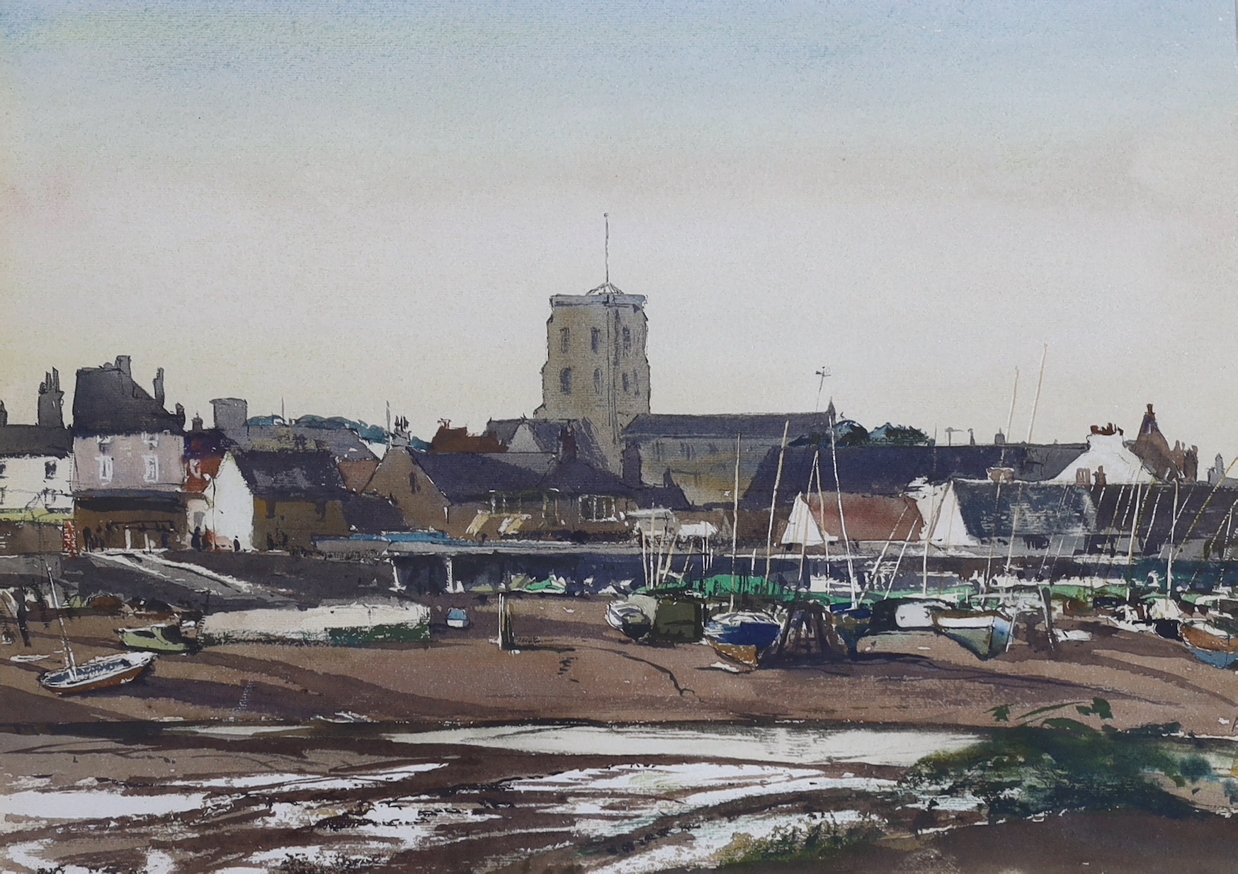 Laurence White (1914-1974), watercolour, Shoreham at low tide, signed, 5 x 35cm