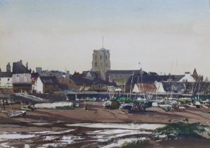 Laurence White (1914-1974), watercolour, Shoreham at low tide, signed, 5 x 35cm