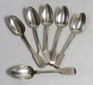 A set of six Victorian Irish silver fiddle pattern dessert spoons, maker, JS, Dublin, 1855, 8.9oz.