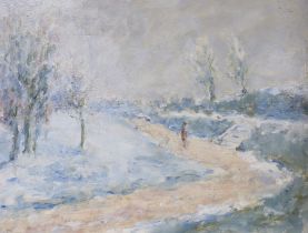 Modern British, oil on board, Winter landscape, indistinctly signed, 30 x 39cm, unframed