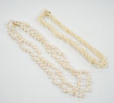 A double strand freshwater pearl necklace, with 585 yellow metal clasp, 50cm and one other