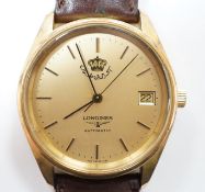A gentleman's steel and gold plated Longines Automatic wrist watch, the dial with King Hussein of