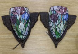 A pair of leaded glass Tiffany style wall lights, 34 x 34cm