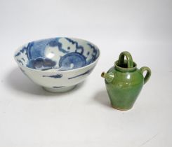 A Chinese blue and white ‘dragon’ bowl and a green glazed water pot, bowl 17.5cm diameter