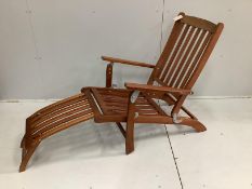 A stained hardwood garden steamer chair, width 62cm, height 95cm