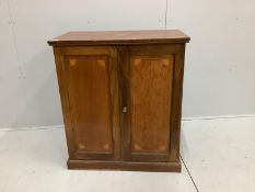 An Edwardian marquetry inlaid cross banded mahogany side cabinet, width 76cm, depth 42cm, height
