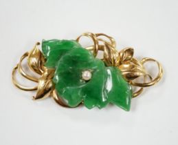 A 14k yellow metal, carved jade and seed pearl mounted floral spray brooch, 57mm, gross weight 12.