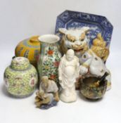 A collection of mostly Chinese ceramics, to include a vase, a lion dog, etc. blue and white dish