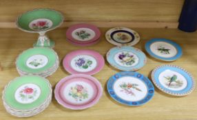 An English floral decorated comport and nine dessert plates, together with ten mixed floral