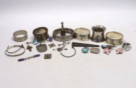 Small silver and other items including napkin rings, bracelets, 19th century vinaigrette, medals,
