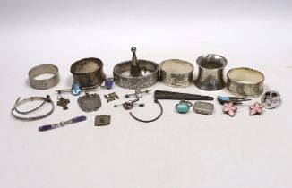 Small silver and other items including napkin rings, bracelets, 19th century vinaigrette, medals,